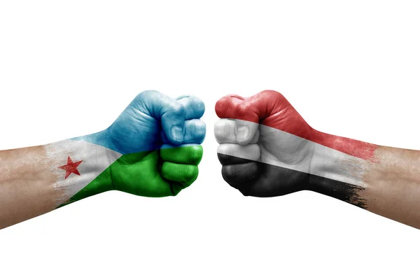 Two Hands Punch Each Others White Background Country Flags Painted — Stockfoto