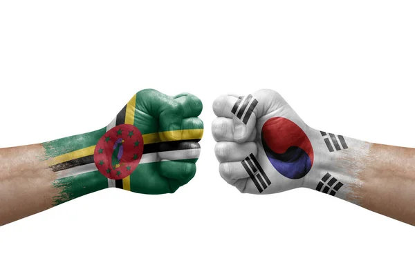 Two Hands Punch Each Others White Background Country Flags Painted — Stock Fotó