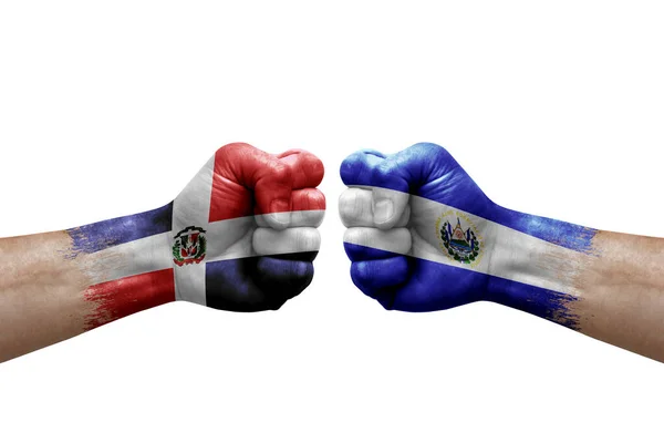 Two Hands Punch Each Others White Background Country Flags Painted — Stock Photo, Image