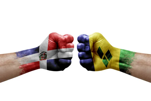 Two Hands Punch Each Others White Background Country Flags Painted — Foto de Stock