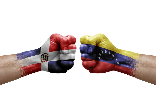 Two Hands Punch Each Others White Background Country Flags Painted — Foto de Stock