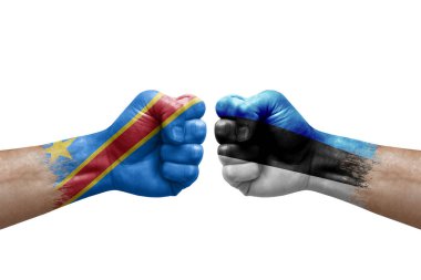 Two hands punch to each others on white background. Country flags painted fists, conflict crisis concept between dr congo and estonia