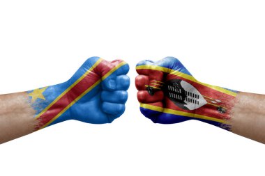 Two hands punch to each others on white background. Country flags painted fists, conflict crisis concept between dr congo and eswatini