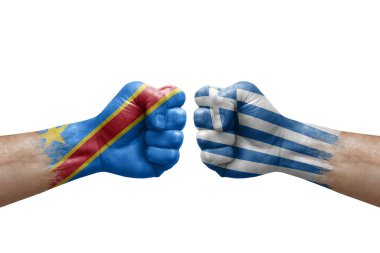 Two hands punch to each others on white background. Country flags painted fists, conflict crisis concept between dr congo and greece