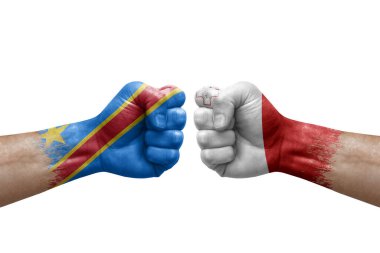 Two hands punch to each others on white background. Country flags painted fists, conflict crisis concept between dr congo and malta