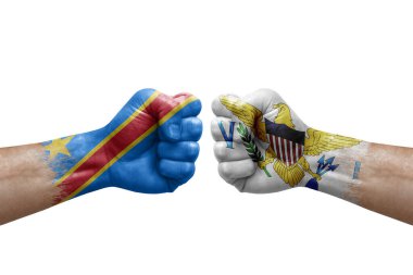 Two hands punch to each others on white background. Country flags painted fists, conflict crisis concept between dr congo and virgin islands
