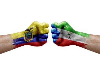 Two hands punch to each others on white background. Country flags painted fists, conflict crisis concept between ecuador and equatorial guinea