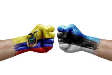 Two hands punch to each others on white background. Country flags painted fists, conflict crisis concept between ecuador and estonia