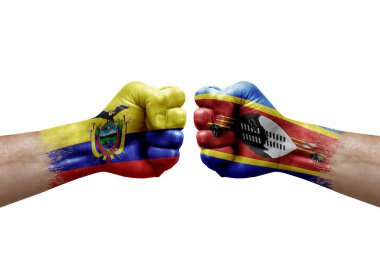 Two hands punch to each others on white background. Country flags painted fists, conflict crisis concept between ecuador and eswatini