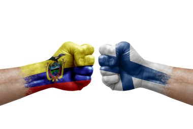 Two hands punch to each others on white background. Country flags painted fists, conflict crisis concept between ecuador and finland