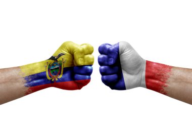 Two hands punch to each others on white background. Country flags painted fists, conflict crisis concept between ecuador and france