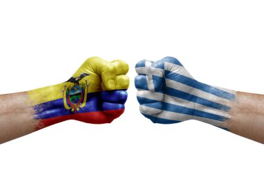 Two hands punch to each others on white background. Country flags painted fists, conflict crisis concept between ecuador and greece