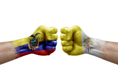 Two hands punch to each others on white background. Country flags painted fists, conflict crisis concept between ecuador and holy see