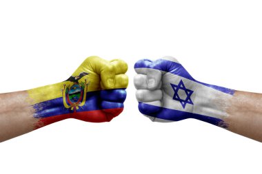 Two hands punch to each others on white background. Country flags painted fists, conflict crisis concept between ecuador and israel