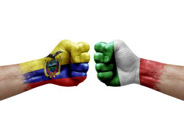 Two hands punch to each others on white background. Country flags painted fists, conflict crisis concept between ecuador and italy