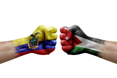Two hands punch to each others on white background. Country flags painted fists, conflict crisis concept between ecuador and jordan