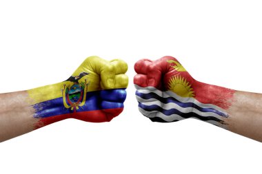 Two hands punch to each others on white background. Country flags painted fists, conflict crisis concept between ecuador and kiribati