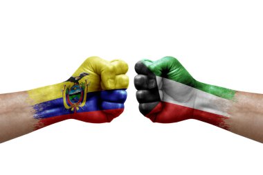 Two hands punch to each others on white background. Country flags painted fists, conflict crisis concept between ecuador and kuwait