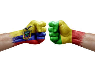 Two hands punch to each others on white background. Country flags painted fists, conflict crisis concept between ecuador and mali