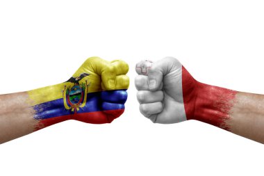 Two hands punch to each others on white background. Country flags painted fists, conflict crisis concept between ecuador and malta