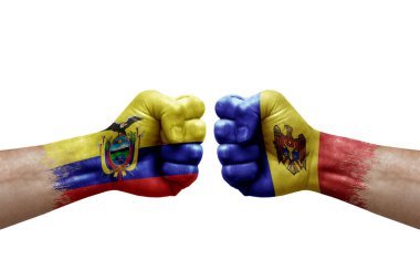 Two hands punch to each others on white background. Country flags painted fists, conflict crisis concept between ecuador and moldova