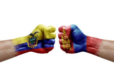 Two hands punch to each others on white background. Country flags painted fists, conflict crisis concept between ecuador and mongolia