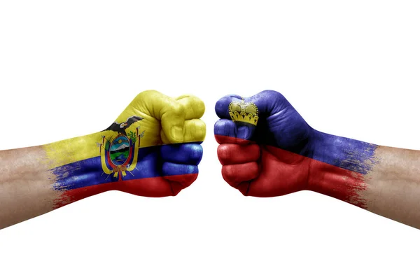 Two Hands Punch Each Others White Background Country Flags Painted — Stock Photo, Image