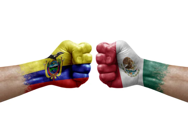 Two Hands Punch Each Others White Background Country Flags Painted — Stock Photo, Image