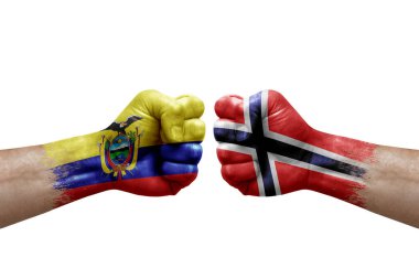 Two hands punch to each others on white background. Country flags painted fists, conflict crisis concept between ecuador and norway