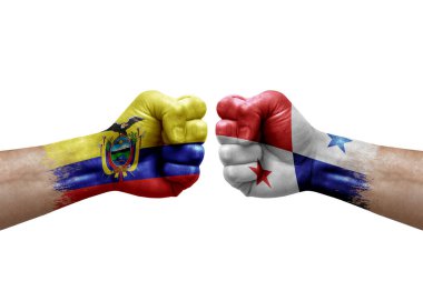 Two hands punch to each others on white background. Country flags painted fists, conflict crisis concept between ecuador and panama