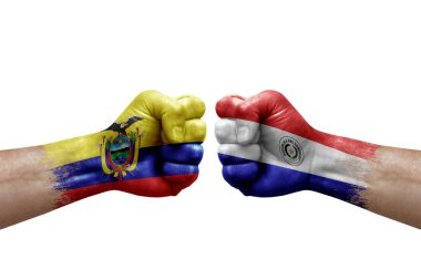 Two hands punch to each others on white background. Country flags painted fists, conflict crisis concept between ecuador and paraguay