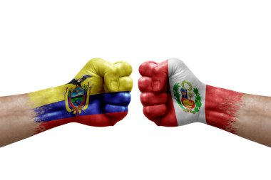 Two hands punch to each others on white background. Country flags painted fists, conflict crisis concept between ecuador and peru