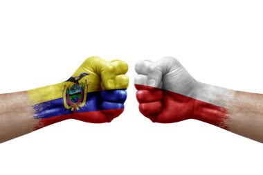 Two hands punch to each others on white background. Country flags painted fists, conflict crisis concept between ecuador and poland