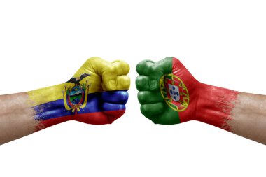 Two hands punch to each others on white background. Country flags painted fists, conflict crisis concept between ecuador and portugal