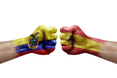 Two hands punch to each others on white background. Country flags painted fists, conflict crisis concept between ecuador and spain