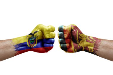 Two hands punch to each others on white background. Country flags painted fists, conflict crisis concept between ecuador and sri lanka