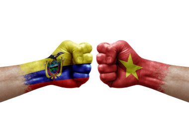 Two hands punch to each others on white background. Country flags painted fists, conflict crisis concept between ecuador and vietnam