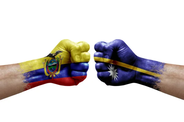 Two Hands Punch Each Others White Background Country Flags Painted — Stockfoto