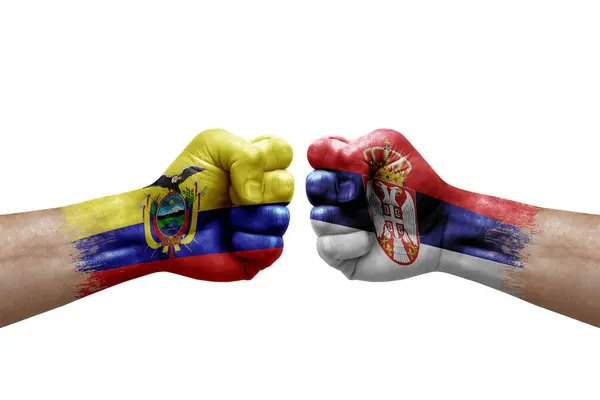 Two Hands Punch Each Others White Background Country Flags Painted — Stock Photo, Image