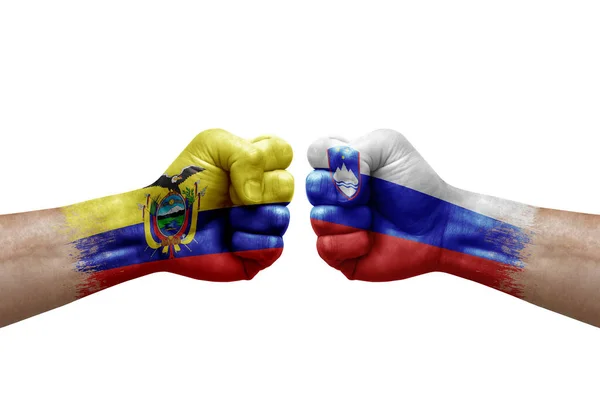 Two Hands Punch Each Others White Background Country Flags Painted — Stockfoto