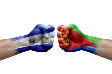 Two hands punch to each others on white background. Country flags painted fists, conflict crisis concept between el salvador and eritrea