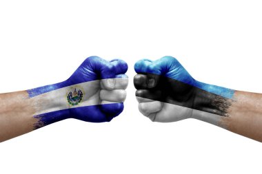 Two hands punch to each others on white background. Country flags painted fists, conflict crisis concept between el salvador and estonia