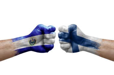 Two hands punch to each others on white background. Country flags painted fists, conflict crisis concept between el salvador and finland