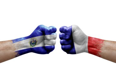 Two hands punch to each others on white background. Country flags painted fists, conflict crisis concept between el salvador and france