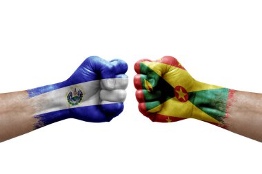 Two hands punch to each others on white background. Country flags painted fists, conflict crisis concept between el salvador and grenada