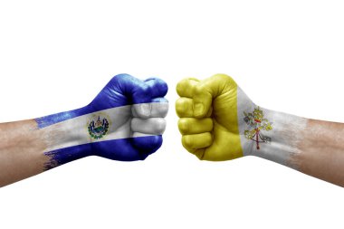 Two hands punch to each others on white background. Country flags painted fists, conflict crisis concept between el salvador and holy see