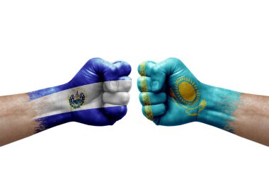 Two hands punch to each others on white background. Country flags painted fists, conflict crisis concept between el salvador and kazakhstan
