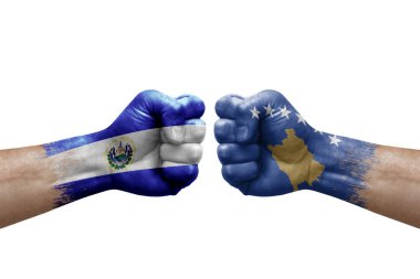 Two hands punch to each others on white background. Country flags painted fists, conflict crisis concept between el salvador and kosovo