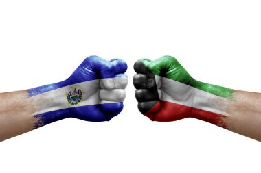Two hands punch to each others on white background. Country flags painted fists, conflict crisis concept between el salvador and kuwait