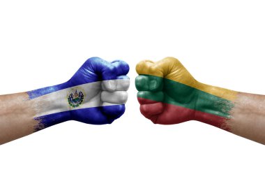 Two hands punch to each others on white background. Country flags painted fists, conflict crisis concept between el salvador and lithuania